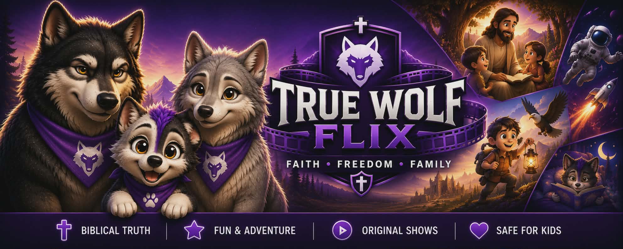 The True Wolf Flix wolf family beside scenes of faith, adventure, space, and family films.
